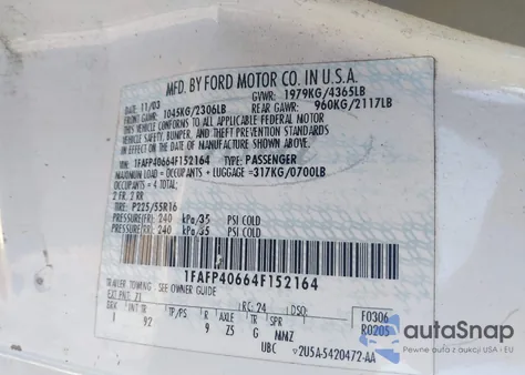 2004 Ford Mustang из США, поврежденный, VIN 1FAFP40664F152164